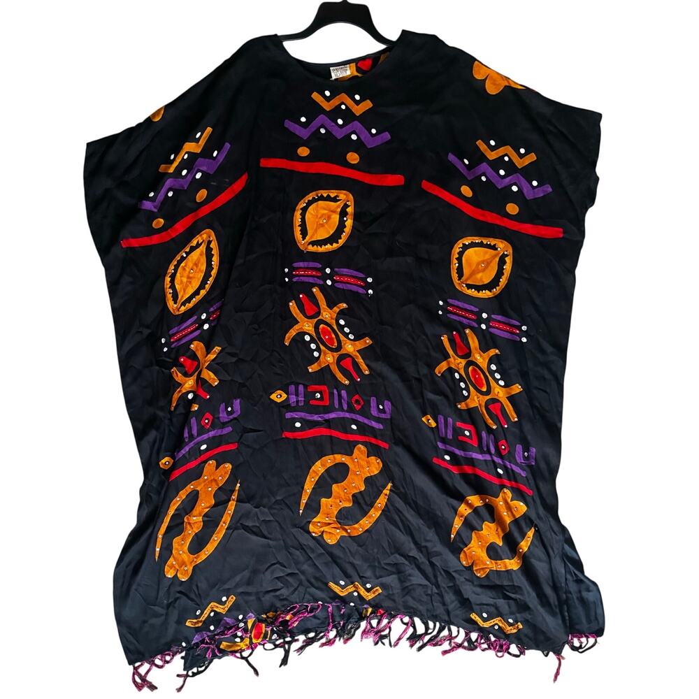 Vintage Magic India Rayon Caftan Kaftan One Size Black Fringe Boho Festival